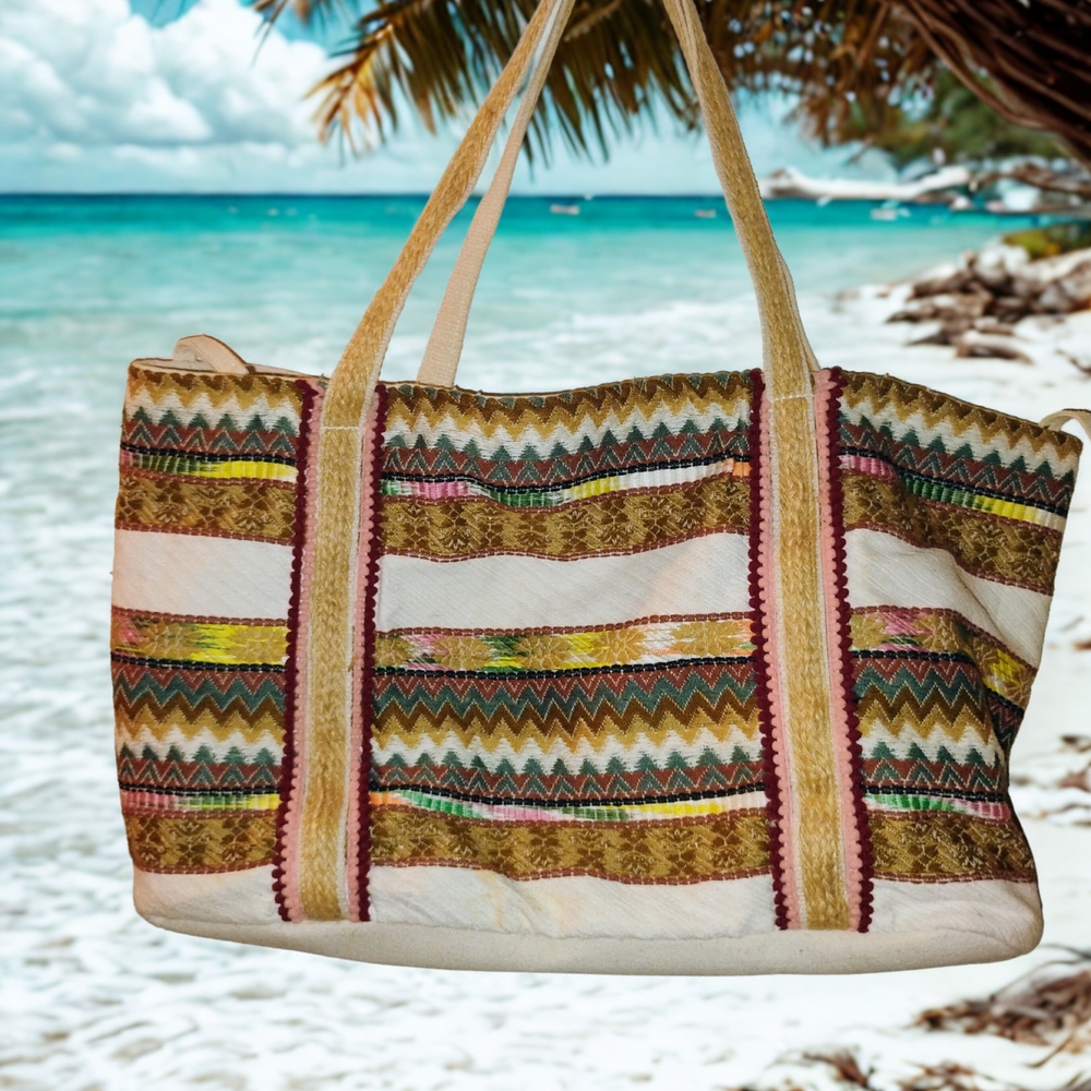 Cream and Brown Ethnic-Inspired Tote Bag with Geometric Patterns
